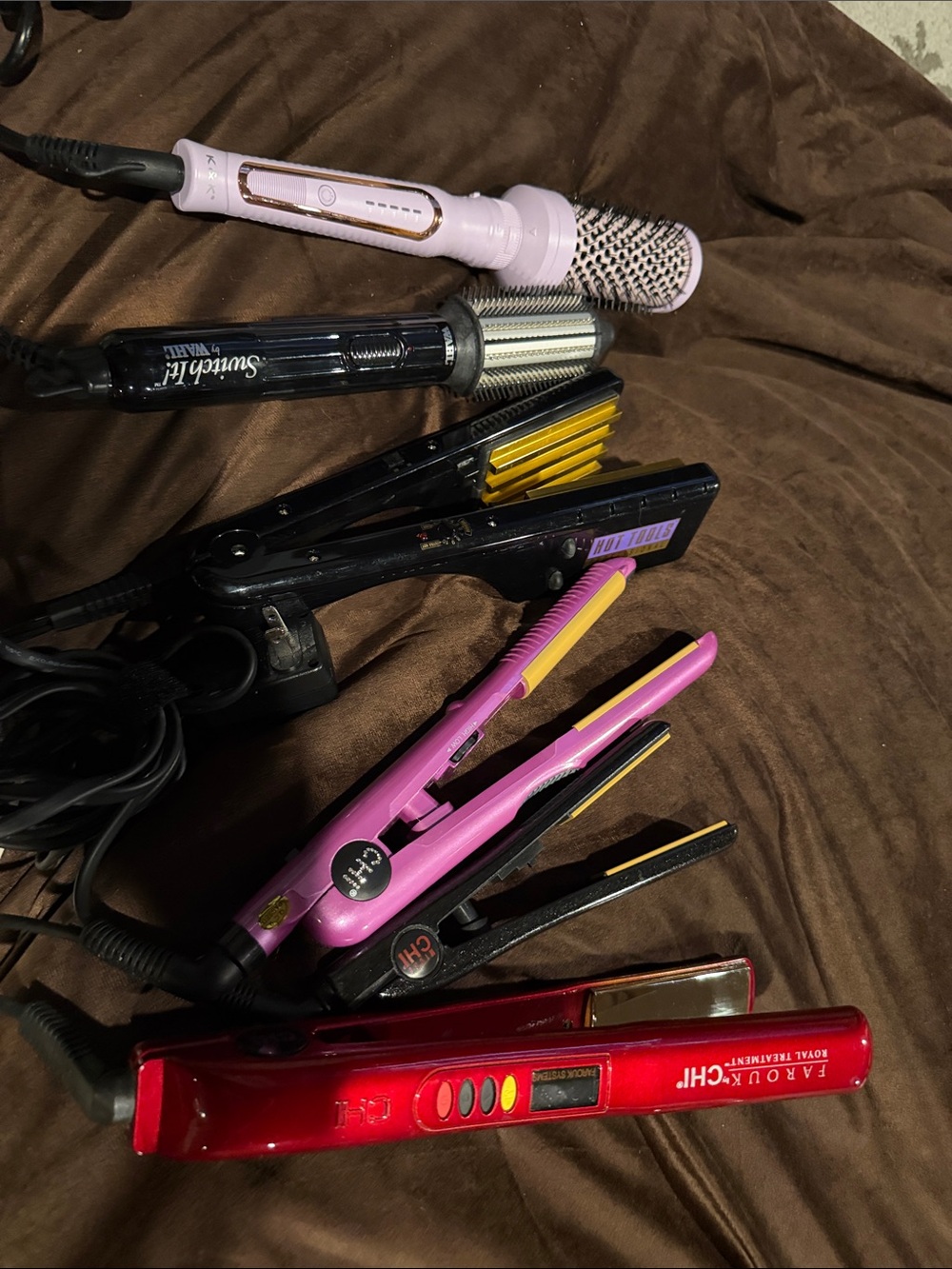 Multi-Tool Hair Styling Set — Pink & Red Ceramic Flat Iron and Brushes